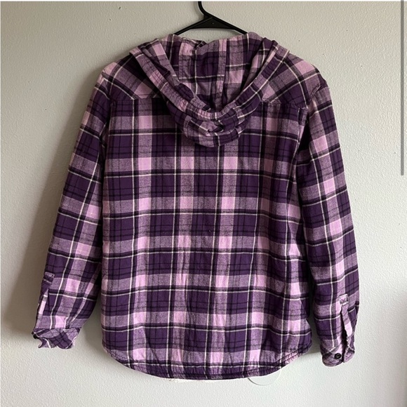 Boston Traders Women’s Medium Purple Hooded Flannel Sherpa Button Up - Picture 2 of 4